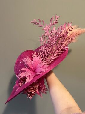 Flipped Brim Unique Pink Derby Oaks Hat Pearl Pampas Floral Accents